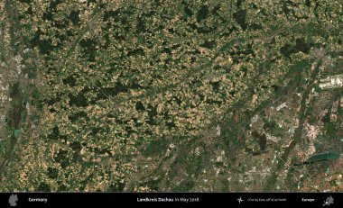 Landkreis Dachau. Mayıs 2018 'de çekilen Kopernik Sentinel karolarından oluşan bir uydu görüntüsü üzerine Almanya' nın idari bölgesi