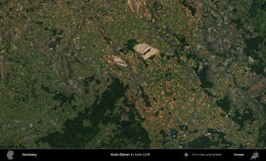 Kreis Duren. Haziran 2018 'de çekilen Kopernik Sentinel karolarından oluşan bir uydu görüntüsü üzerine Almanya' nın idari bölgesi