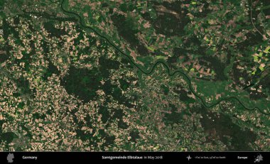 Samtgemeinde Elbtalaue. Mayıs 2018 'de çekilen Kopernik Sentinel karolarından oluşan bir uydu görüntüsü üzerine Almanya' nın idari bölgesi