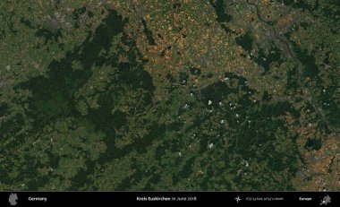 Kreis Euskirchen. Haziran 2018 'de çekilen Kopernik Sentinel karolarından oluşan bir uydu görüntüsü üzerine Almanya' nın idari bölgesi