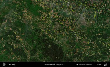 Landkreis Gotha. Mayıs 2018 'de çekilen Kopernik Sentinel karolarından oluşan bir uydu görüntüsü üzerine Almanya' nın idari bölgesi