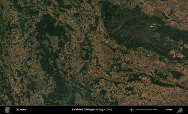 Landkreis Gottingen. Ağustos 2019 'da çekilen Kopernik Sentinel karolarından oluşan bir uydu görüntüsü üzerine Almanya' nın idari bölgesi