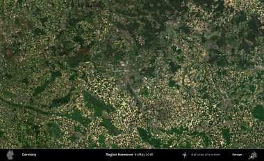 Hannover Bölgesi. Mayıs 2018 'de çekilen Kopernik Sentinel karolarından oluşan bir uydu görüntüsü üzerine Almanya' nın idari bölgesi