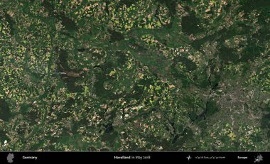Havelland. Mayıs 2018 'de çekilen Kopernik Sentinel karolarından oluşan bir uydu görüntüsü üzerine Almanya' nın idari bölgesi