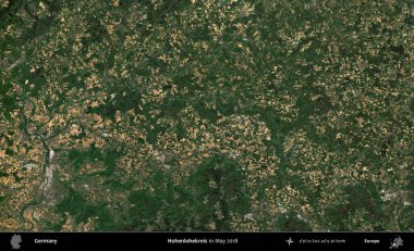 Hohenlohekreis. Mayıs 2018 'de çekilen Kopernik Sentinel karolarından oluşan bir uydu görüntüsü üzerine Almanya' nın idari bölgesi