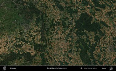 Kreis Hoxter. Ağustos 2019 'da çekilen Kopernik Sentinel karolarından oluşan bir uydu görüntüsü üzerine Almanya' nın idari bölgesi
