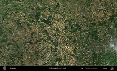 Kreis Kleve. Nisan 2018 'de çekilen Kopernik Sentinel karolarından oluşan bir uydu görüntüsü üzerine Almanya' nın idari bölgesi