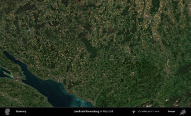 Landkreis Ravensburg. Mayıs 2018 'de çekilen Kopernik Sentinel karolarından oluşan bir uydu görüntüsü üzerine Almanya' nın idari bölgesi