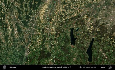 Landkreis Landsberg am Lech. Mayıs 2018 'de çekilen Kopernik Sentinel karolarından oluşan bir uydu görüntüsü üzerine Almanya' nın idari bölgesi