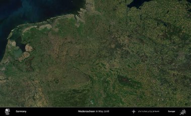 Niedersachsen 'de. Mayıs 2018 'de çekilen Kopernik Sentinel karolarından oluşan bir uydu görüntüsü üzerine Almanya' nın idari bölgesi