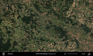 Luchow-Dannenberg. Ağustos 2019 'da çekilen Kopernik Sentinel karolarından oluşan bir uydu görüntüsü üzerine Almanya' nın idari bölgesi