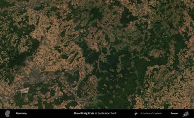 Ana-Kinzig-Kreis. Eylül 2018 'de çekilen Kopernik Sentinel karolarından oluşan bir uydu görüntüsü üzerine Almanya' nın idari bölgesi