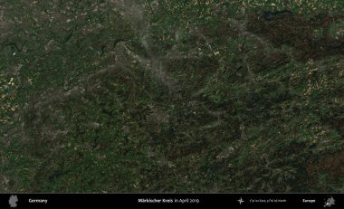 Markischer Kreis. Nisan 2019 'da çekilen Kopernik Sentinel karolarından oluşan bir uydu görüntüsü üzerine Almanya' nın idari bölgesi