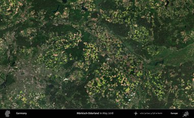 Markisch-Oderland. Mayıs 2018 'de çekilen Kopernik Sentinel karolarından oluşan bir uydu görüntüsü üzerine Almanya' nın idari bölgesi