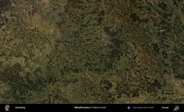 Mittelfranken. Mart 2020 'de çekilen Kopernik Sentinel karolarından oluşan bir uydu görüntüsü üzerine Almanya' nın idari bölgesi