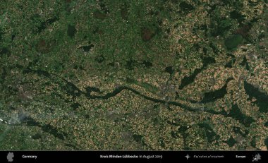 Kreis Minden-Lubbecke. Ağustos 2019 'da çekilen Kopernik Sentinel karolarından oluşan bir uydu görüntüsü üzerine Almanya' nın idari bölgesi