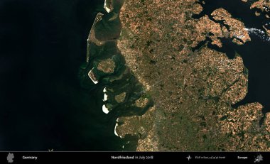 Nordfriesland 'de. Temmuz 2018 'de çekilen Kopernik Sentinel karolarından oluşan bir uydu görüntüsü üzerine Almanya' nın idari bölgesi