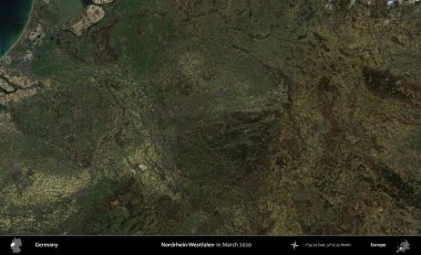Nordrhein-Westfalen. Mart 2020 'de çekilen Kopernik Sentinel karolarından oluşan bir uydu görüntüsü üzerine Almanya' nın idari bölgesi