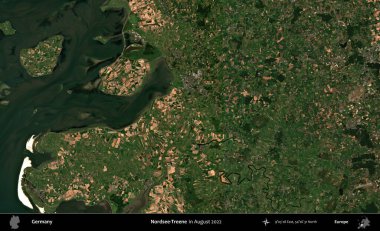 Nordsee-Treene. Ağustos 2022 'de çekilen Kopernik Sentinel karolarından oluşan bir uydu görüntüsü üzerine Almanya' nın idari bölgesi