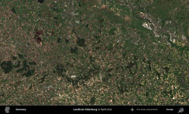 Landkreis Oldenburg. Nisan 2020 'de çekilen Kopernik Sentinel karolarından oluşan bir uydu görüntüsü üzerine Almanya' nın idari bölgesi