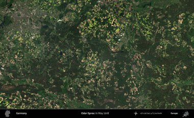 Oder-Spree. Mayıs 2018 'de çekilen Kopernik Sentinel karolarından oluşan bir uydu görüntüsü üzerine Almanya' nın idari bölgesi