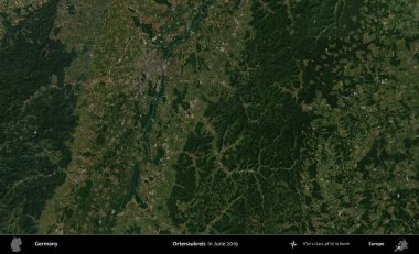 Ortenaukreis. Haziran 2019 'da çekilen Kopernik Sentinel karolarından oluşan bir uydu görüntüsü üzerine Almanya' nın idari bölgesi