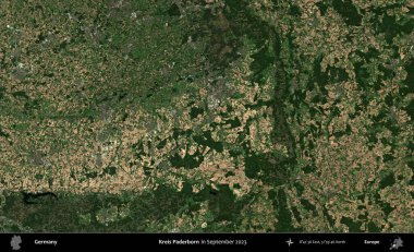 Kreis Paderborn. Eylül 2023 'te çekilen Copernicus Sentinel karolarından oluşan bir uydu görüntüsü üzerine Almanya' nın idari bölgesi