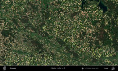 Prignitz. Mayıs 2018 'de çekilen Kopernik Sentinel karolarından oluşan bir uydu görüntüsü üzerine Almanya' nın idari bölgesi
