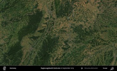 Regierungsbezirk Karlsruhe Eylül 2019 'da çekilen Kopernik Sentinel karolarından oluşan bir uydu görüntüsü üzerine Almanya' nın idari bölgesi