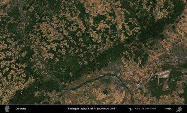 Rheingau-Taunus-Kreis. Eylül 2018 'de çekilen Kopernik Sentinel karolarından oluşan bir uydu görüntüsü üzerine Almanya' nın idari bölgesi
