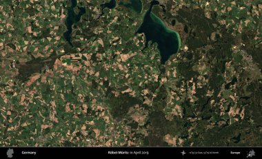 Robel-Muritz. Nisan 2019 'da çekilen Kopernik Sentinel karolarından oluşan bir uydu görüntüsü üzerine Almanya' nın idari bölgesi