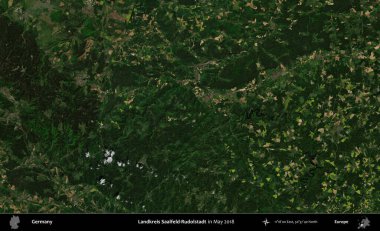 Landkreis Saalfeld-Rudolstadt. Mayıs 2018 'de çekilen Kopernik Sentinel karolarından oluşan bir uydu görüntüsü üzerine Almanya' nın idari bölgesi