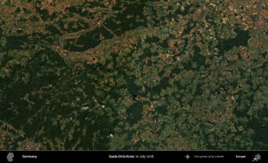 Saale-Orla-Kreis. Temmuz 2018 'de çekilen Kopernik Sentinel karolarından oluşan bir uydu görüntüsü üzerine Almanya' nın idari bölgesi