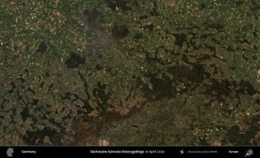 Sachsische Schweiz-Osterzgebirge. Nisan 2020 'de çekilen Kopernik Sentinel karolarından oluşan bir uydu görüntüsü üzerine Almanya' nın idari bölgesi