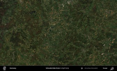 Schwalm-Eder-Kreis. Nisan 2019 'da çekilen Kopernik Sentinel karolarından oluşan bir uydu görüntüsü üzerine Almanya' nın idari bölgesi