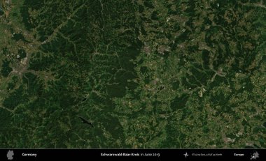 Schwarzwald-Baar-Kreis. Haziran 2019 'da çekilen Kopernik Sentinel karolarından oluşan bir uydu görüntüsü üzerine Almanya' nın idari bölgesi