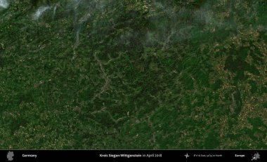 Kreis Siegen-Wittgenstein. Nisan 2018 'de çekilen Kopernik Sentinel karolarından oluşan bir uydu görüntüsü üzerine Almanya' nın idari bölgesi