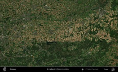 Kreis Soest. Eylül 2023 'te çekilen Copernicus Sentinel karolarından oluşan bir uydu görüntüsü üzerine Almanya' nın idari bölgesi