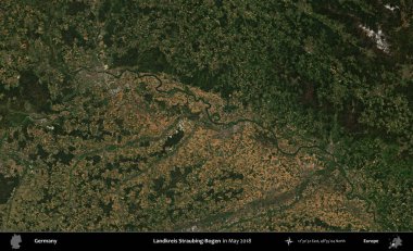 Landkreis Straubing-Bogen. Mayıs 2018 'de çekilen Kopernik Sentinel karolarından oluşan bir uydu görüntüsü üzerine Almanya' nın idari bölgesi