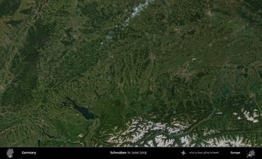 Schwaben. Haziran 2019 'da çekilen Kopernik Sentinel karolarından oluşan bir uydu görüntüsü üzerine Almanya' nın idari bölgesi
