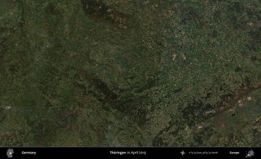 Thuringen. Nisan 2019 'da çekilen Kopernik Sentinel karolarından oluşan bir uydu görüntüsü üzerine Almanya' nın idari bölgesi