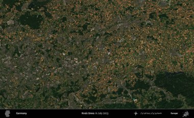 Kreis Unna. Copernicus Sentinel 'in Temmuz 2023' te çekilmiş uydu görüntüsü üzerine Almanya 'nın idari bölgesi.