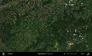 Vogtlandkreis. Haziran 2019 'da çekilen Kopernik Sentinel karolarından oluşan bir uydu görüntüsü üzerine Almanya' nın idari bölgesi