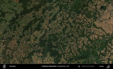 Landkreis Vulkaneifel. Eylül 2018 'de çekilen Kopernik Sentinel karolarından oluşan bir uydu görüntüsü üzerine Almanya' nın idari bölgesi