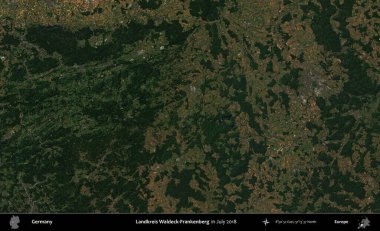Landkreis Waldeck-Frankenberg. Temmuz 2018 'de çekilen Kopernik Sentinel karolarından oluşan bir uydu görüntüsü üzerine Almanya' nın idari bölgesi
