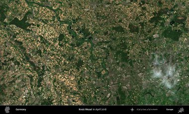 Kreis Wesel. Nisan 2018 'de çekilen Kopernik Sentinel karolarından oluşan bir uydu görüntüsü üzerine Almanya' nın idari bölgesi