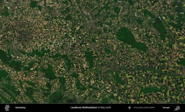 Landkreis Wolfenbuttel. Mayıs 2018 'de çekilen Kopernik Sentinel karolarından oluşan bir uydu görüntüsü üzerine Almanya' nın idari bölgesi