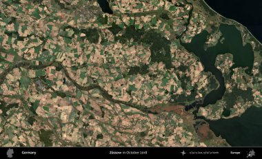 Zussow. Kopernik Sentinel 'in Ekim 2018' de çekilmiş uydu görüntüsü üzerine Almanya 'nın idari bölgesi