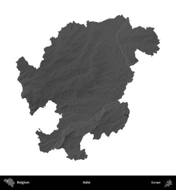 Aalst. Belçika 'nın idari bölgesi gri ölçekli yükseklik haritasında beyaza izole edildi