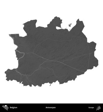 Antwerpen. Belçika 'nın idari bölgesi gri ölçekli yükseklik haritasında beyaza izole edildi